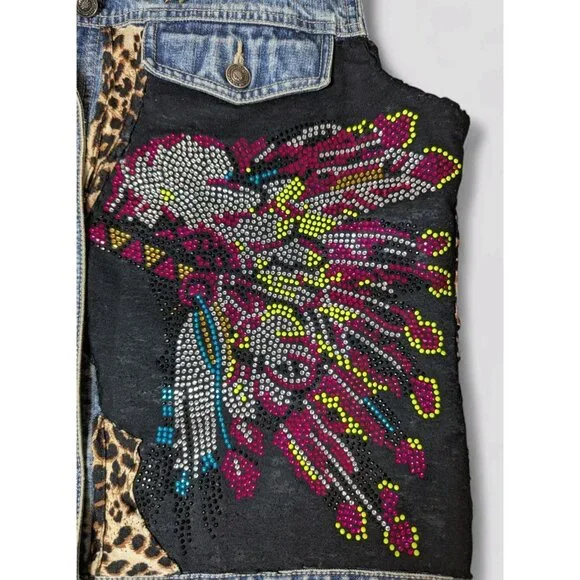 Vtg Womens Large Vest Denim Buffalo Cheetah Embroidery Fringe Bling‎ War Bonnet - Picture 3 of 10